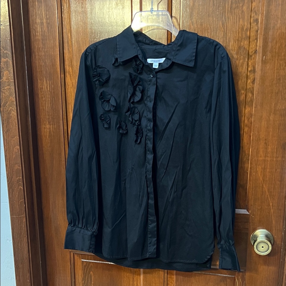 Chico's Elegant Black Button-Up with Ruffle Detail